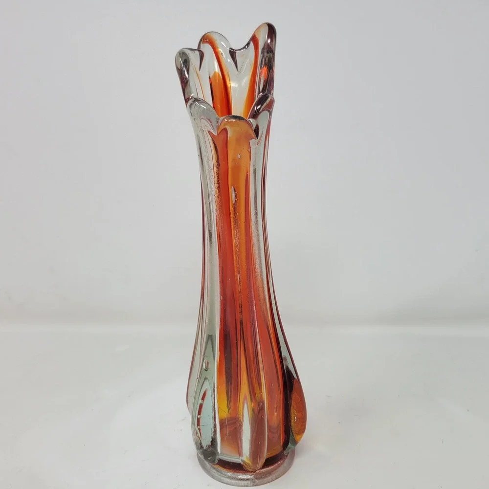 Vintage MCM Orange Amber Hand Blown Art Glass Swung Bud Vase 9.25in